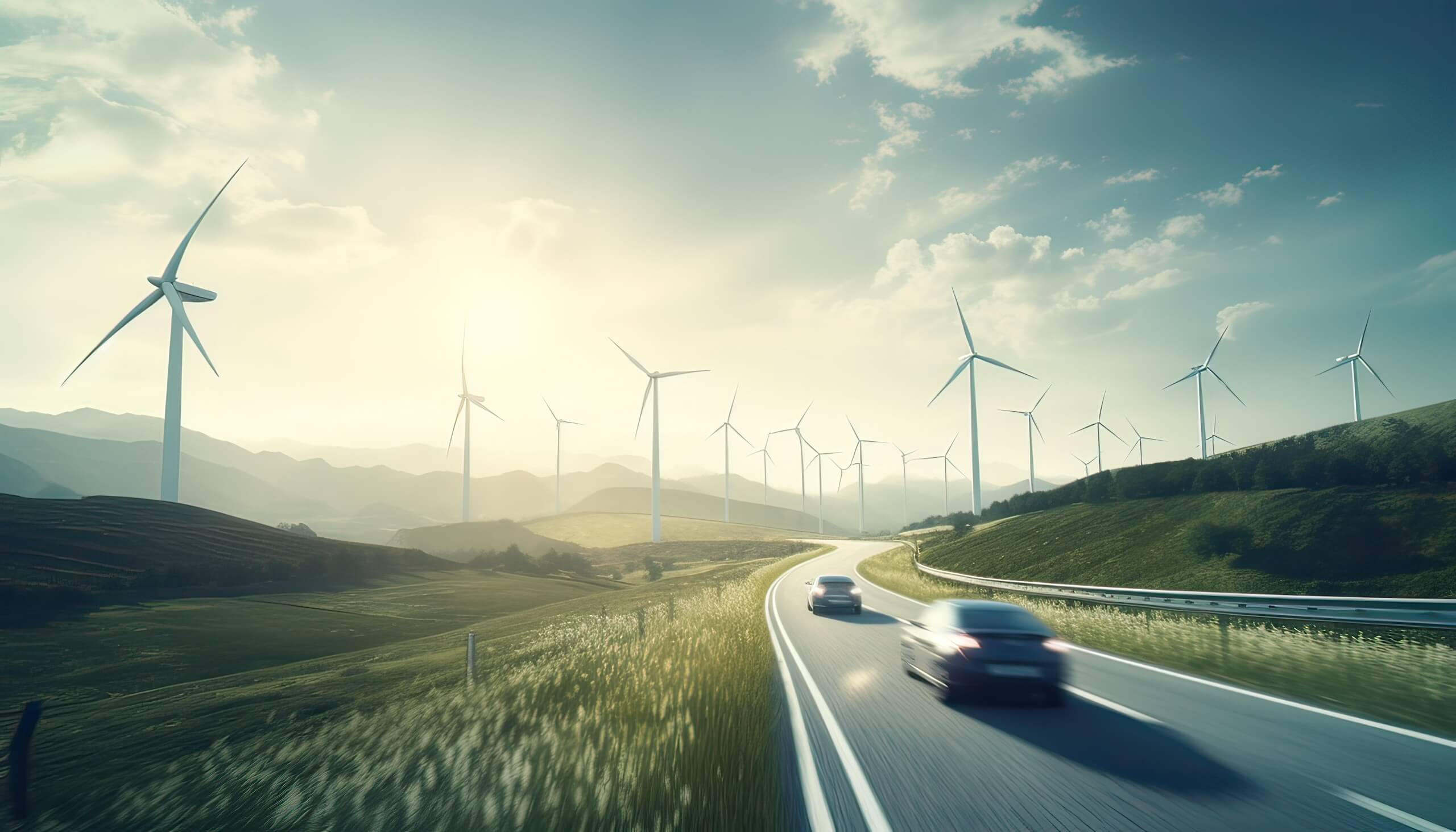 Electric Car Drive On The Wind Turbines Background. Car Drives Along A Mountain Road. Electric Car Driving Along Windmills Farm. Alternative Energy For Cars. Car And Wind Turbines Farm. Generative Ai.