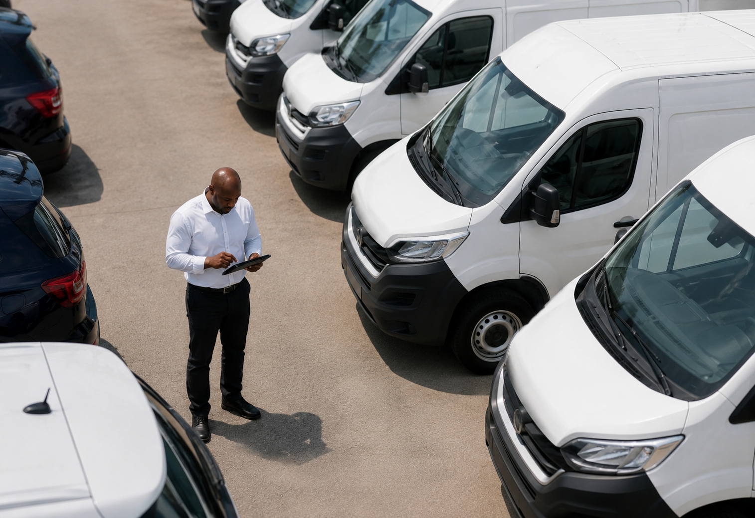Fleet managers reviewing commercial EV vans during lease versus ownership planning