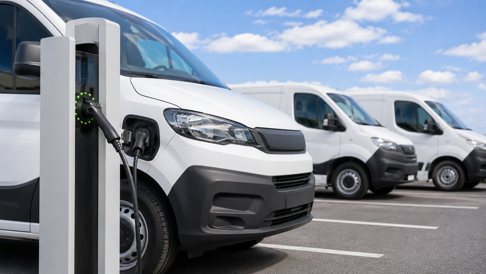 White electric fleet vans charging at a commercial EV depot for fleet electrification planning